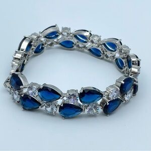 Silver Bracelet with Blue Teardrop & Clear Round Stones, Elegant Tennis Style